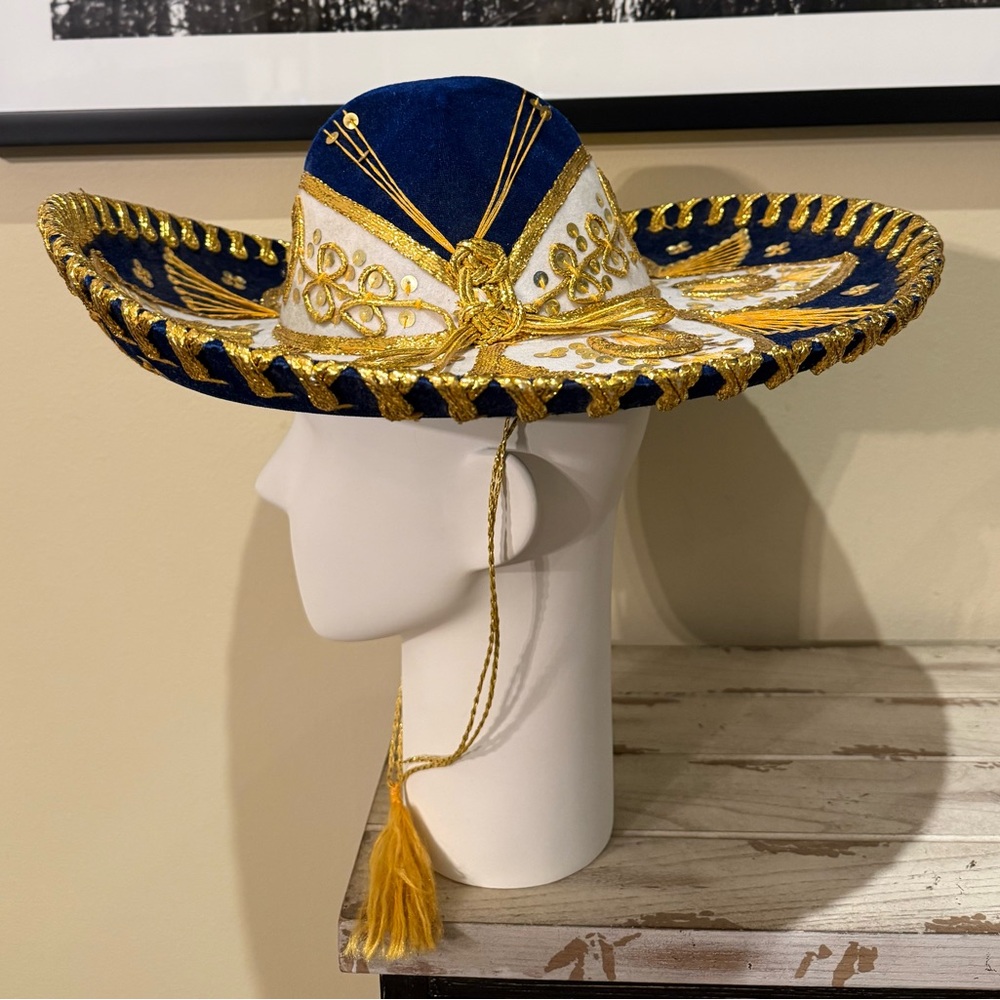 Vintage Belri Authentic Blue and Gold Embroidered Mariachi Sombrero Hat